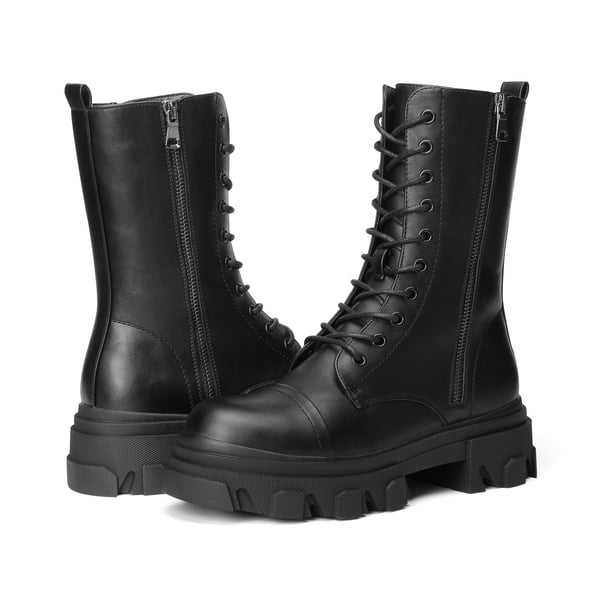 Mid Calf Combat Boots - BLACK PU - 4